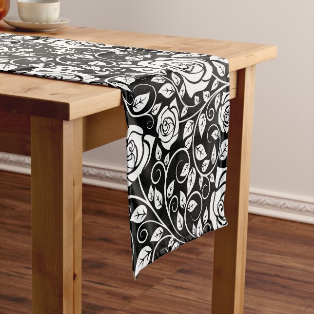 Modern Rose Pattern Monogram Initial Black White Short Table Runner (In Situ)