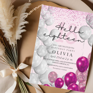 Modern Rose Pink 18th Birthday Glitter Balloons Invitation