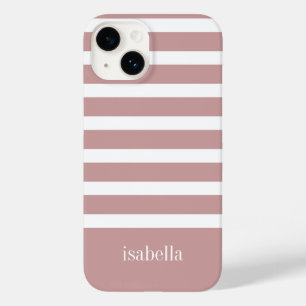 Modern Rose Pink and White Stripe with Monogram Case-Mate iPhone 14 Case