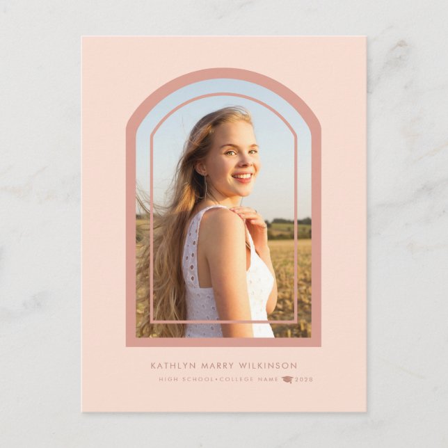 Modern Rose Pink Arch Minimalist Photo Graduation Announcement Postcard (Front)
