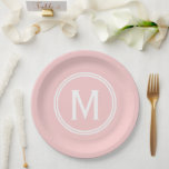 Modern Rose Pink Custom Round Framed Monogram Paper Plate<br><div class="desc">This Stylish modern design features a double white line round frame on a pretty rose pink background and a monogram in an elegant block font. Change the initial to your own. You can customise this design more by changing the font, make the whites transparent and choose a different colour. Perfect...</div>