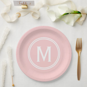 Modern Rose Pink Custom Round Framed Monogram Paper Plate
