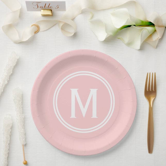 Modern Rose Pink Custom Round Framed Monogram Paper Plate (Wedding)