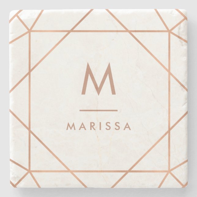 Modern Rose Pink Geometric Lines with Monogram Stone Coaster (Front)