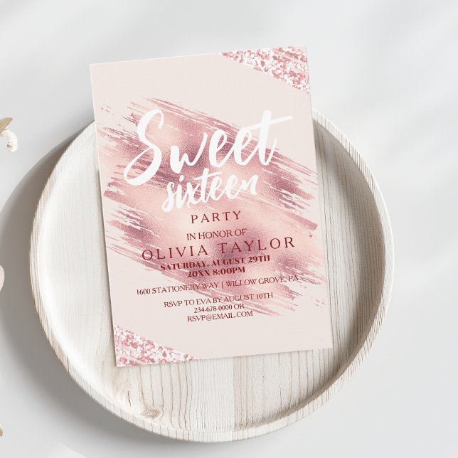 Modern Rose Pink Glitter Glam Sweet Sixteen Invitation (Creator Uploaded)