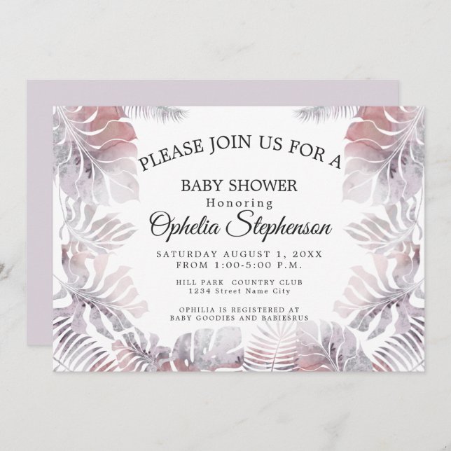 Modern Rose Pink Mauve Leafy Watercolor Shower Invitation (Front/Back)