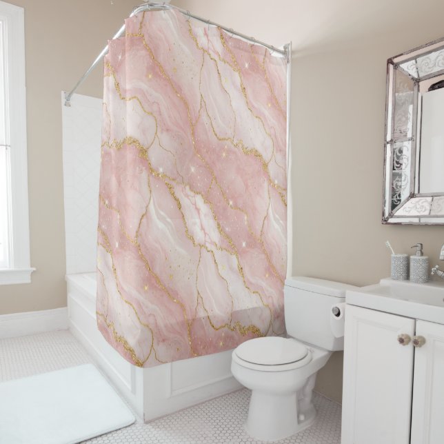 Modern Rose Quartz Marble Gold Shower Curtain (In Situ)
