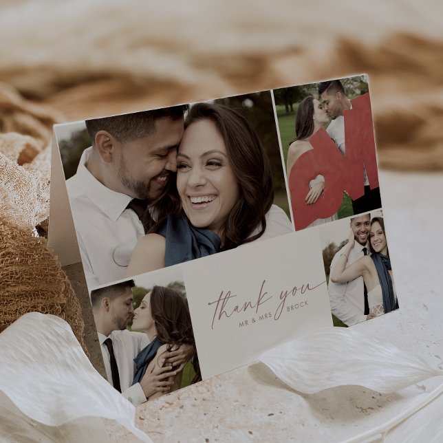 Modern Rose Script 4 Photo Collage Folded Wedding Thank You Card (Creator Uploaded)