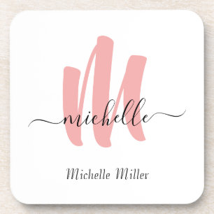 modern rose white monogram initial business name coaster