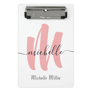 modern rose white monogram initial business name mini clipboard