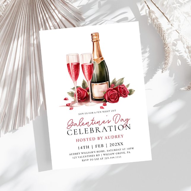 Modern Rose Wine Champagne Galentine's Day Party Invitation (Creator Uploaded)