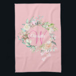 Modern Roses Pink Initial Script Monogram Tea Towel<br><div class="desc">Pretty pink initial monogram kitchen towel,  featuring a beautiful white script name with a complimenting pink initial that is framed by a delicate watercolor floral rose garland on a peach pink background. Personalise to create a special keepsake gift to treasure! Designed by Thisisnotme©</div>