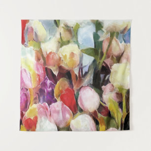 Modern Roses Tulips Bouquet: Abstract Oil Painting Tapestry