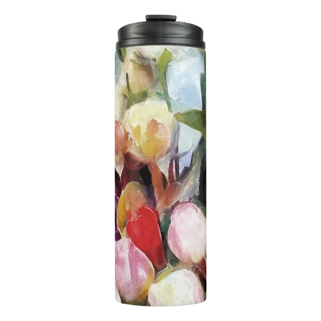 Modern Roses Tulips Bouquet: Abstract Oil Painting Thermal Tumbler (Front)