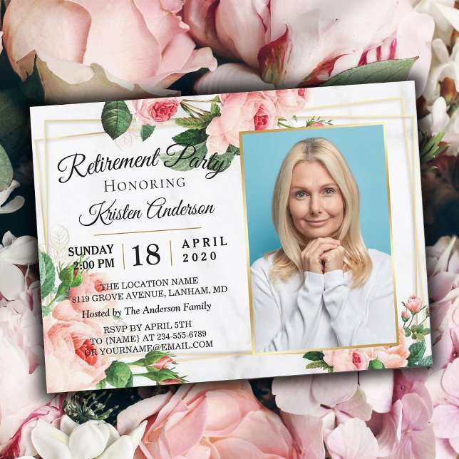 Modern Rosy Blush Floral Photo Retirement Party Invitation (Creator Uploaded)