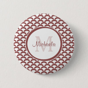 Modern Rosy Brown White Scallops Monogram and Name 6 Cm Round Badge