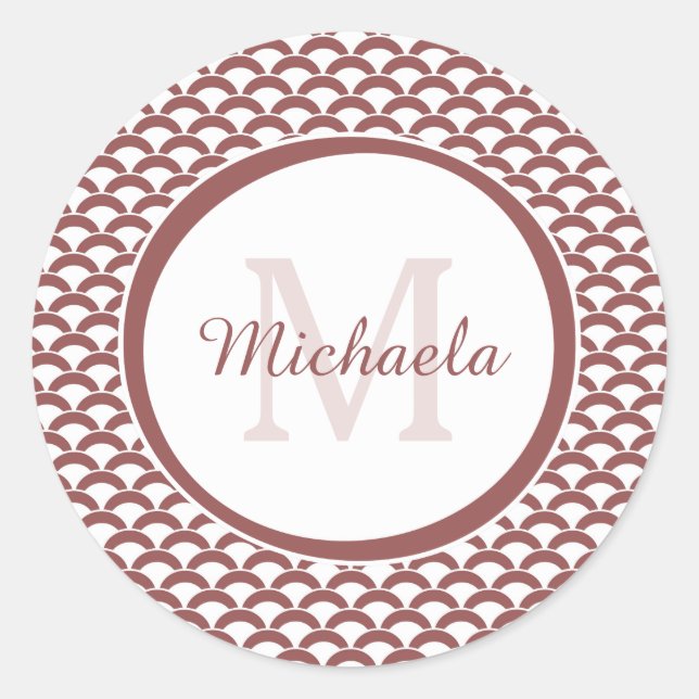 Modern Rosy Brown White Scallops Monogram and Name Classic Round Sticker (Front)