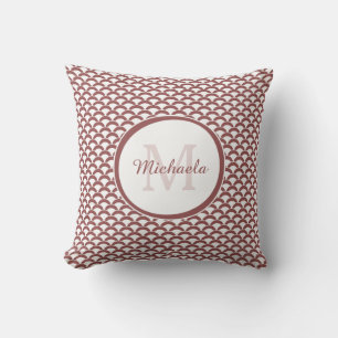 Modern Rosy Brown White Scallops Monogram and Name Cushion