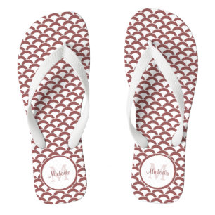 Modern Rosy Brown White Scallops Monogram and Name Jandals