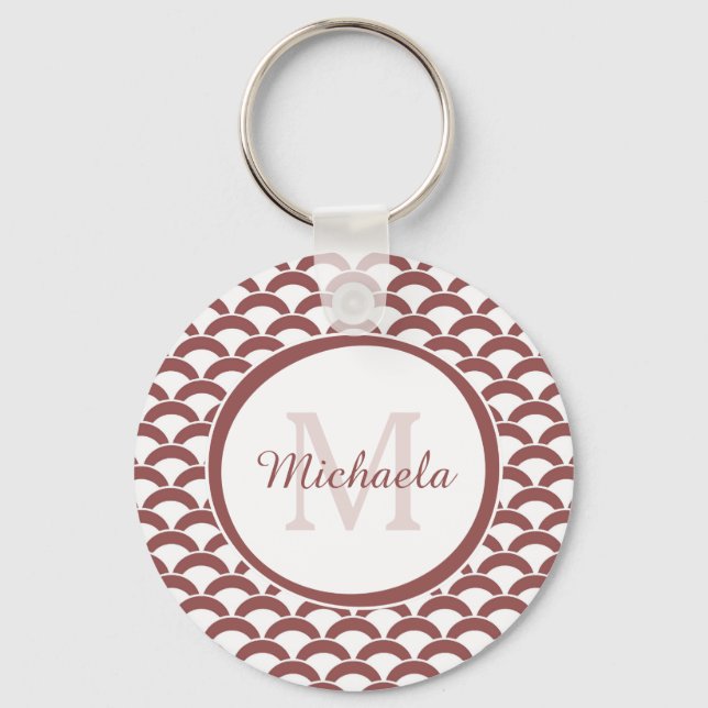 Modern Rosy Brown White Scallops Monogram and Name Key Ring (Front)