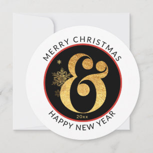 Modern Round, Merry Christmas Gold Look Ampersand Holiday Card