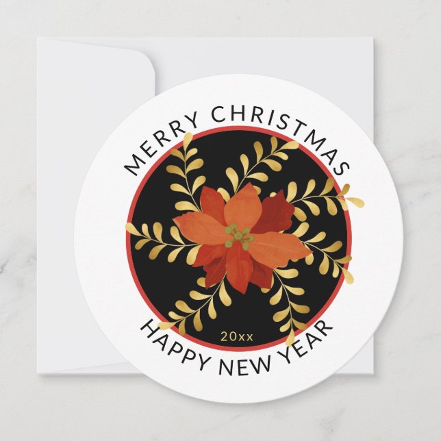 Modern Round, Merry Christmas Stylised Poinsettia  Holiday Card (Front)