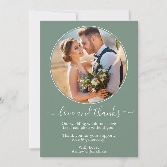 Modern Round Photo Frame Sage Green Wedding Thank You Card (Front)