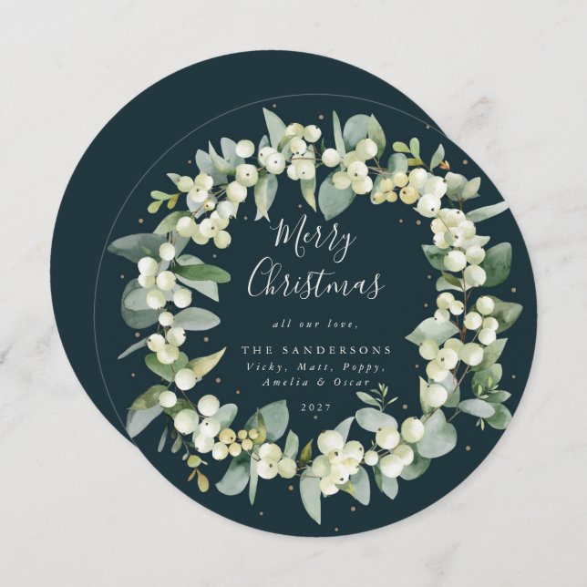 Modern Round Snowberry+Eucalyptus Christmas Wreath Holiday Card (Front/Back)