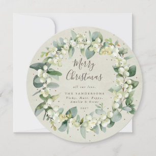 Modern Round Snowberry+Eucalyptus Christmas Wreath Holiday Card