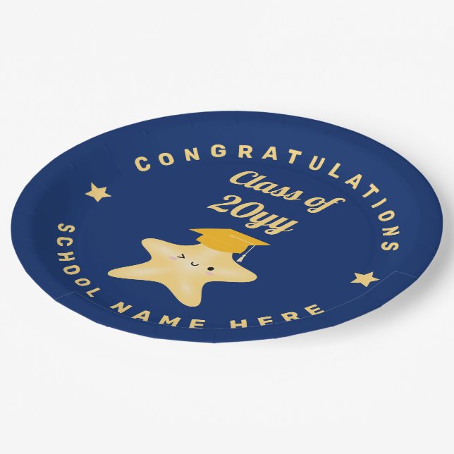 Modern Royal Blue and Gold Graduation Star Paper Plate (Angled)