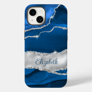 Modern Royal Blue and Silver Agate Monogram Case-Mate iPhone 14 Case