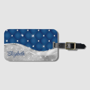 Modern Royal Blue and Silver Glitter Monogram Luggage Tag