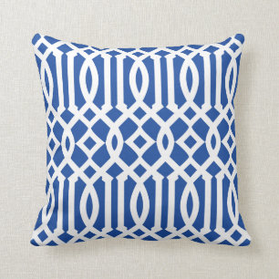 Modern Royal Blue and White Trellis Pattern Cushion