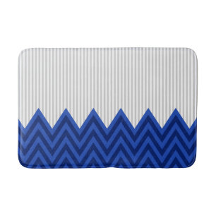 Modern Royal Blue Chevron Grey Stripes Pattern Bath Mat