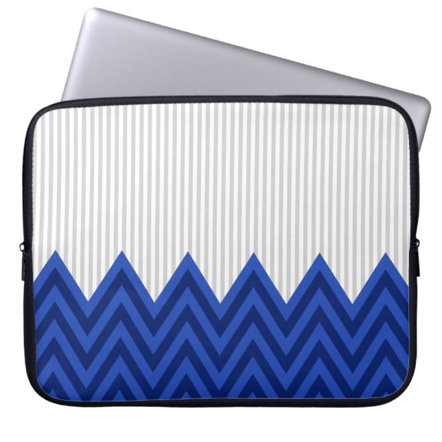 Modern Royal Blue Chevron Grey Stripes Pattern Laptop Sleeve (Front)