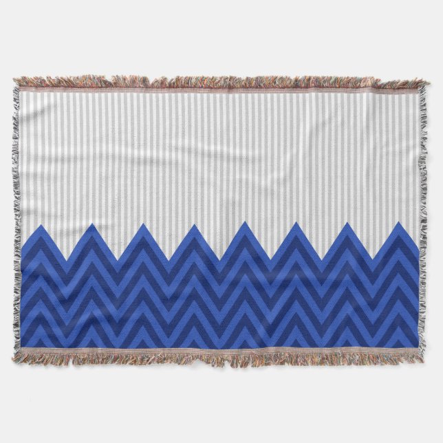 Modern Royal Blue Chevron Grey Stripes Pattern Throw Blanket (Front)