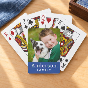 Modern Royal Blue Family Name Photo Playing Cards