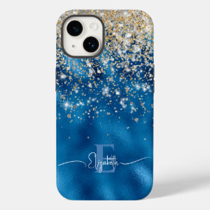 Modern Royal Blue Foil Gold Faux Glitter Monogram  Case-Mate iPhone 14 Case