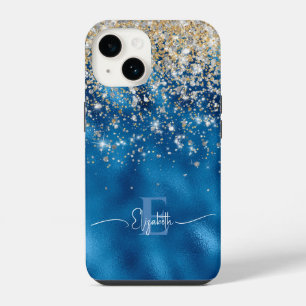 Modern Royal Blue Foil Gold Faux Glitter Monogram iPhone 14 Case