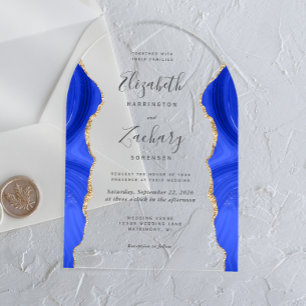 Modern Royal Blue Gold Agate Wedding Arch Acrylic Invitations