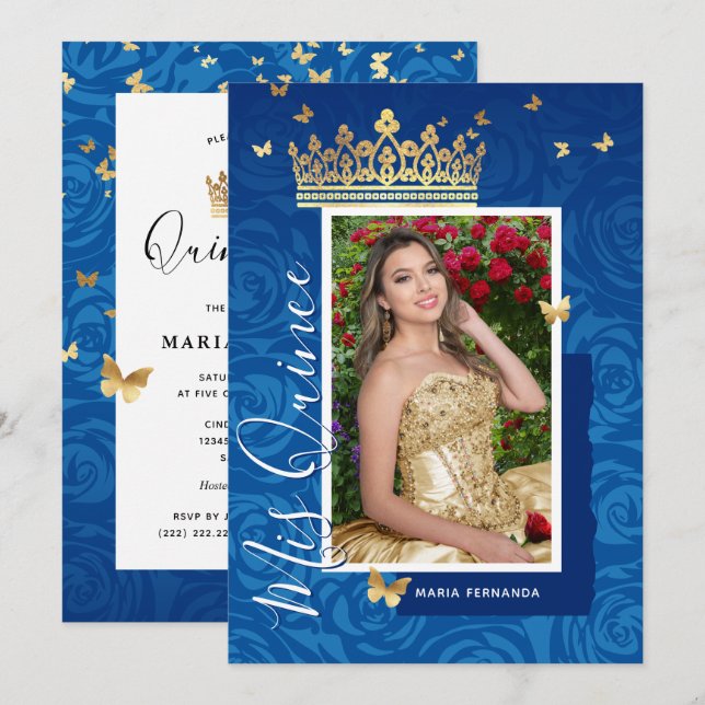 Modern Royal Blue Gold Elegant Photo Quinceanera Invitation (Front/Back)