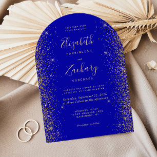 Modern Royal Blue Gold Faux Glitter Arch Wedding Invitation