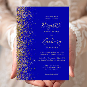 Modern Royal Blue Gold Faux Glitter Edge Wedding Invitation