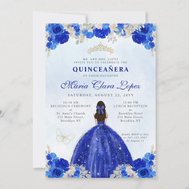 Modern Royal Blue Gold Floral Princess Quinceañera Invitation (Front)