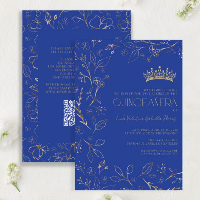 Modern Royal Blue Gold Floral Tiara QR Quinceañera Invitation (Creator Uploaded)