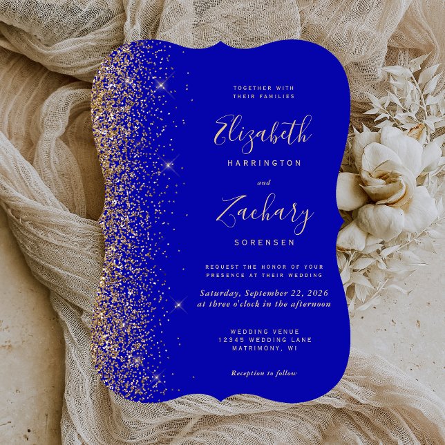 Modern Royal Blue Gold Glitter Bracket Wedding Invitation (Creator Uploaded)