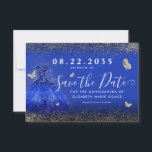 Modern Royal Blue Gold Glitter Gown Quinceanera Save The Date<br><div class="desc">Modern Royal Blue Navy Blue Classic Gold Princess Gown Dress Glitter Sparkle Butterfly 15th Birthday Quinceanera Save the Date Invitation</div>