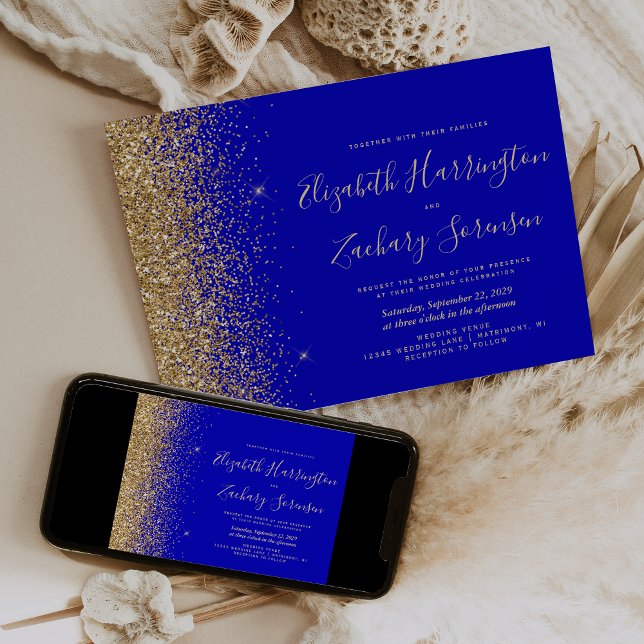 Modern Royal Blue Gold Glitter Wedding Invitation (Creator Uploaded)