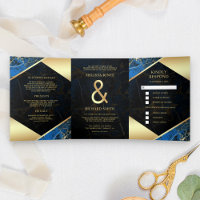 Modern Royal Blue Gold Marble Ampersand Wedding