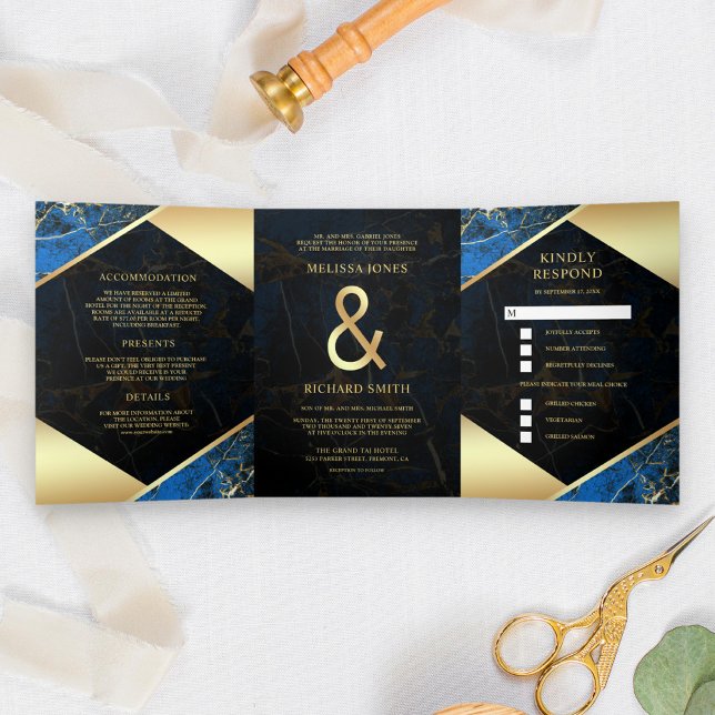 Modern Royal Blue Gold Marble Ampersand Wedding Tri-Fold Invitation (Creator Uploaded)